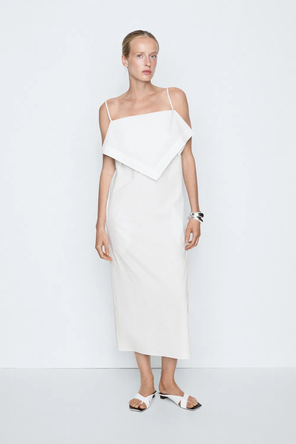 Платье Massimo Dutti, миди, с отделкой-шарфом, белый