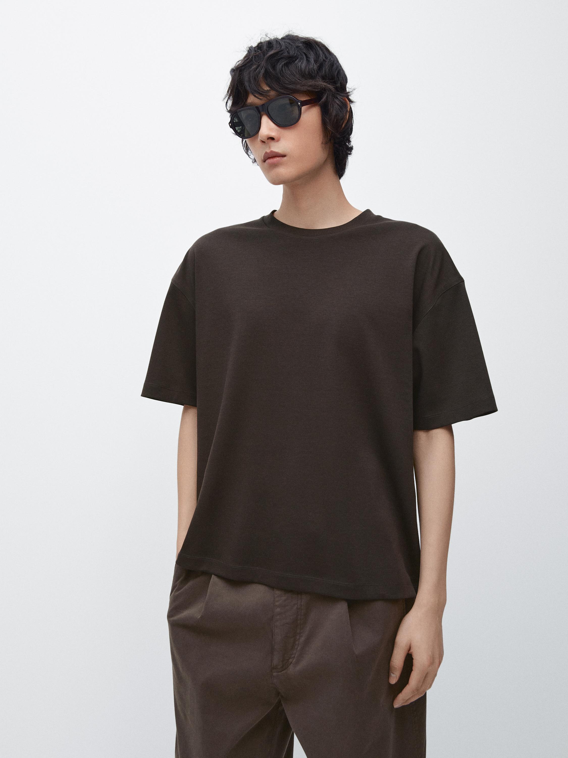 Футболка Massimo Dutti Boxy Fit Short Sleeve Cotton Blend, коричневый — фото 4