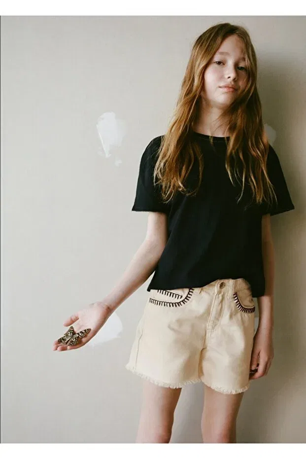 Детские шорты для девочек джинсовые Mango Kids, Ekrü — фото 4