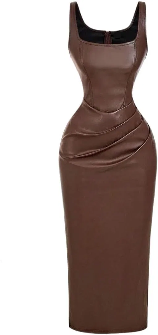 Женское коктейльное платье миди из полиуретана, Brown