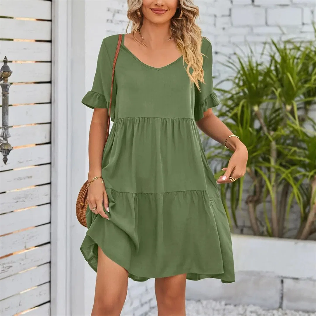 Женское летнее платье-солнце с V-образным вырезом и плиссе, Cyan — фото 3