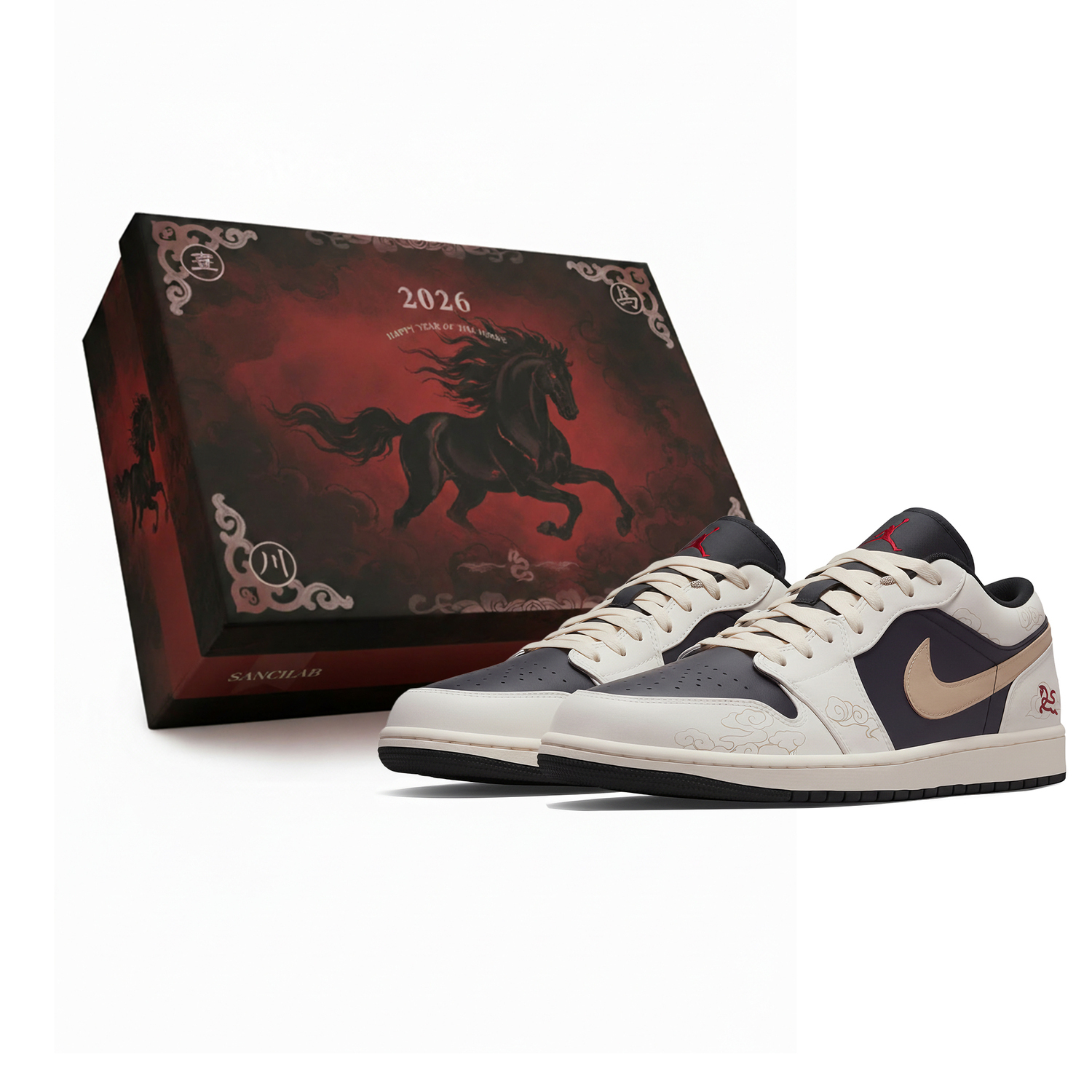 

Jordan Air 1 Low Three Times Laboratory, Horse Year, Black Steed Cloud Step, Box Abrasion Resistant Low top