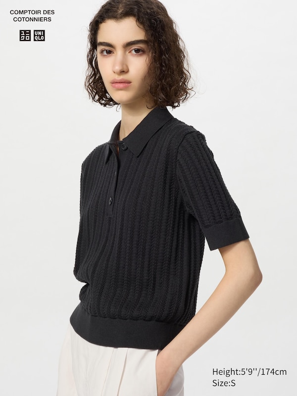 

Джемпер-Поло из хлопка с ажурным узором (короткий рукав) Uniqlo, черный