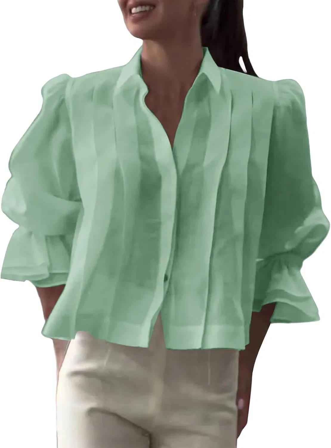 Женская блуза свободного кроя с длинным рукавом, модель Flowy Tie Front, мятный