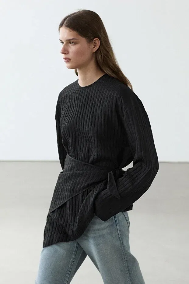 Женская рубашка свободного кроя с длинным рукавом Massimo Dutti, Black — фото 2