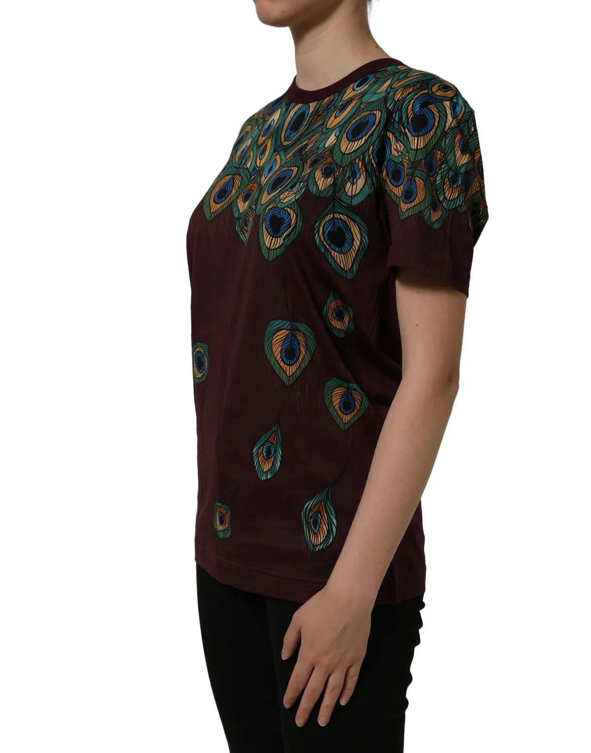 Женская футболка с принтом павлиньих перьев Burgundy Peacock Feather Round Neck Dolce & Gabbana, Burgundy — фото 4