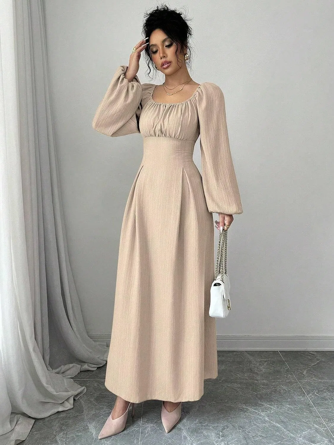 Женское повседневное платье А-силуэта с воланами на груди Khaki — фото 4