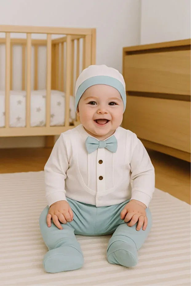 Детский комбинезон для мальчиков с принтом Bamoola For Babies, Turquoise Bow Tie — фото 3