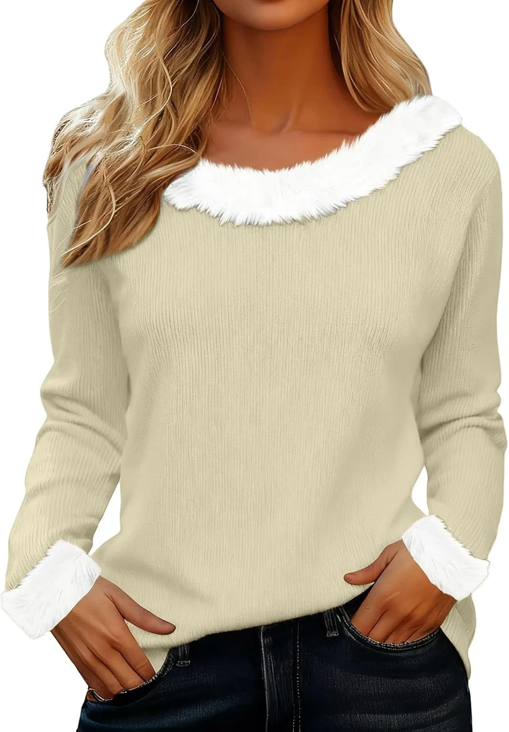 Женский свитшот с принтом Ugly Christmas Sweatshirts, White Faux Fur Trim, V Neck, 1b-beige