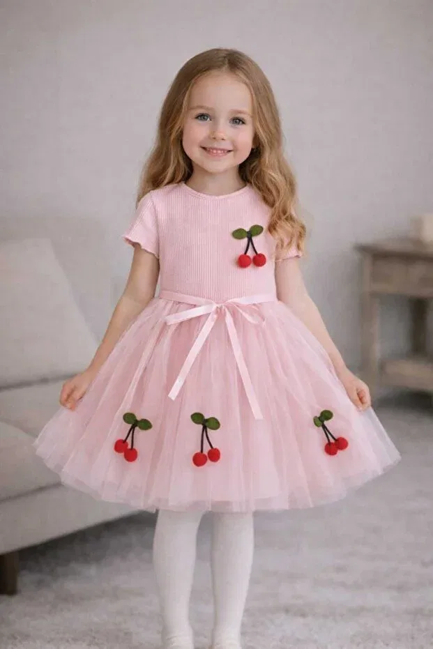 Детское платье для девочек с принтом Lulu cherry short sleeve baby girl kids cherry fluffy tutu dress princess stretchy lycra pink Şirin Şeyler Butiği, Pink