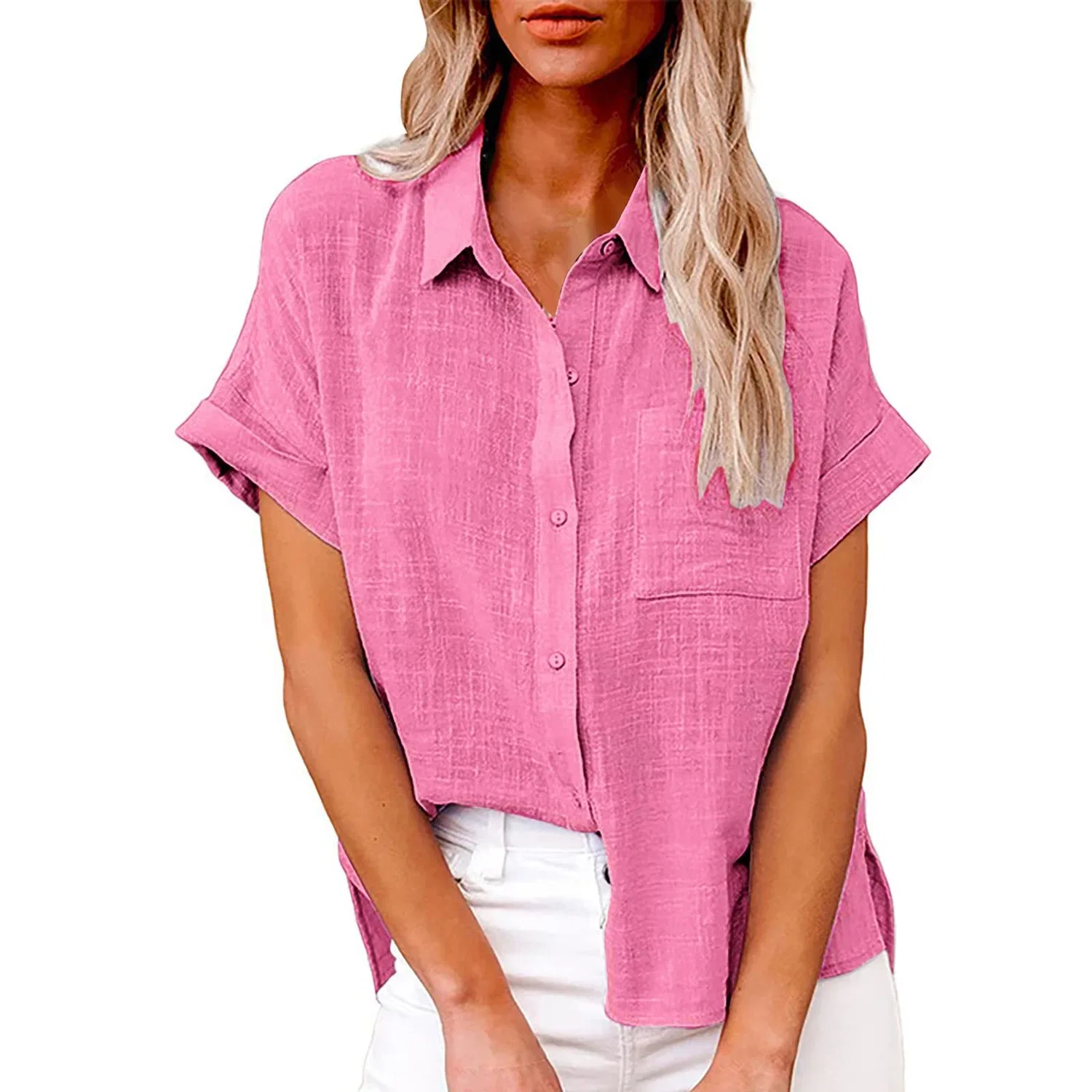 Женская хлопковая рубашка свободного кроя с коротким рукавом, Pink