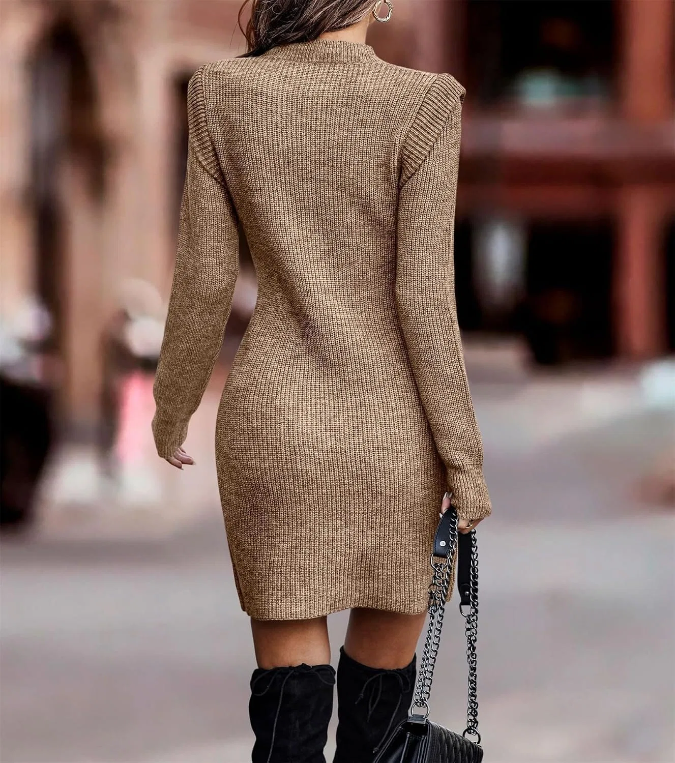 Женское облегающее платье-свитер Ribbed Knit, Khaki — фото 4