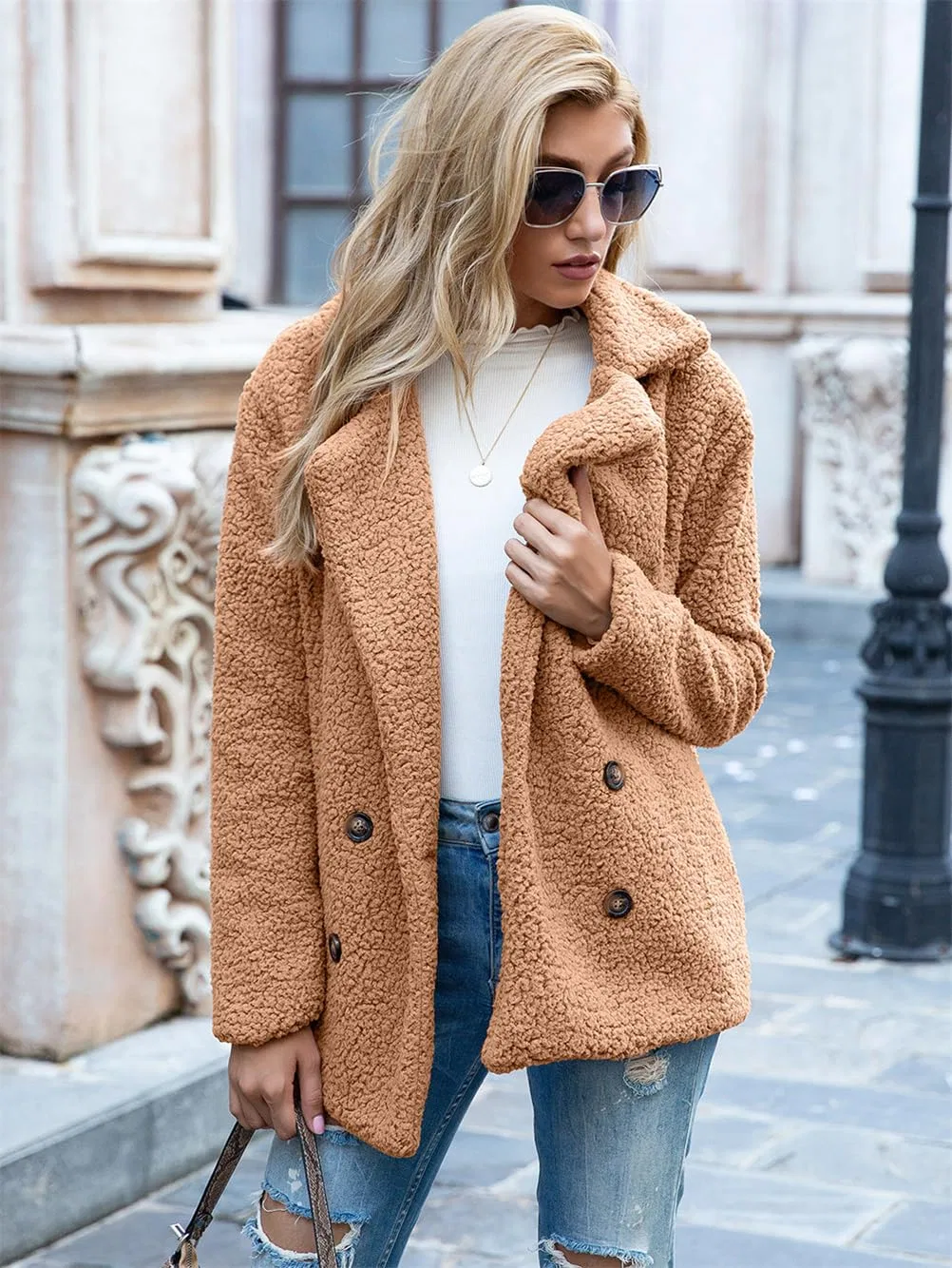 Женское утеплённое пальто с длинным рукавом, Camel — фото 2