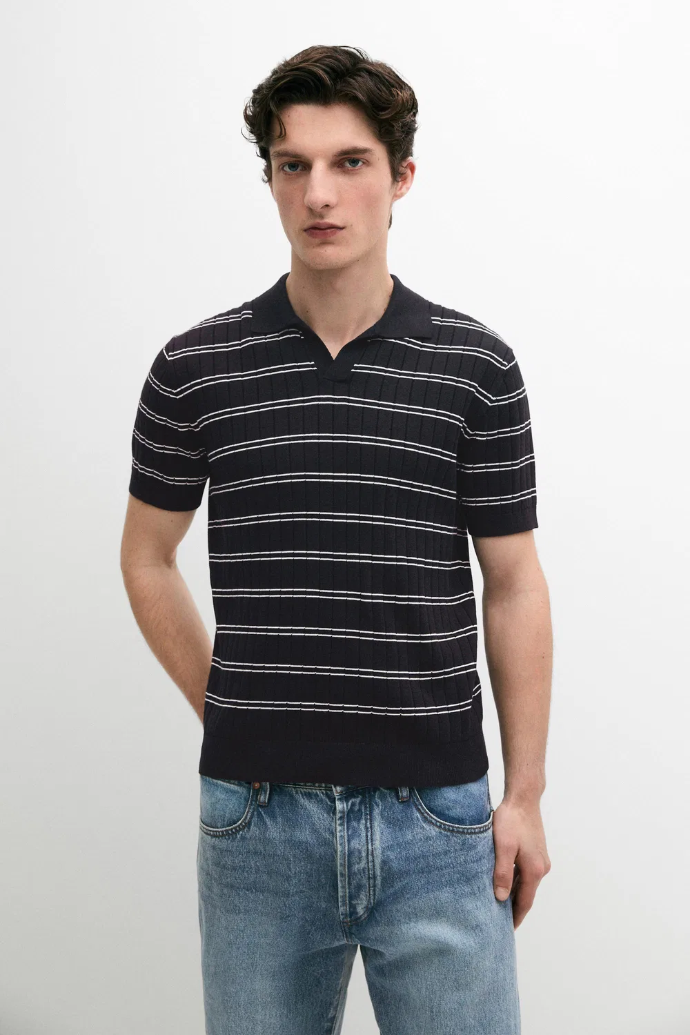 Полосатая хлопковая трикотажная рубашка-поло Massimo Dutti, темно-синий — фото 2
