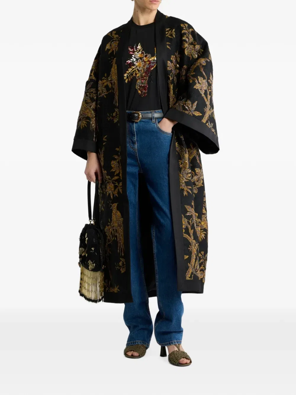 Пальто-кимоно с вышивкой бисером Etro, черный — фото 2