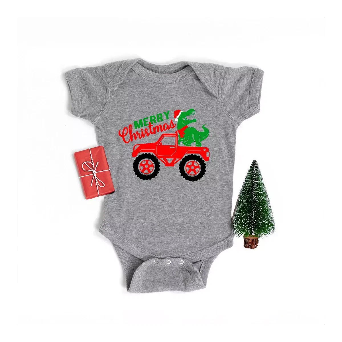 Детский боди с коротким рукавом Christmas Dino Truck The Juniper Shop, Heather Grey — фото 2