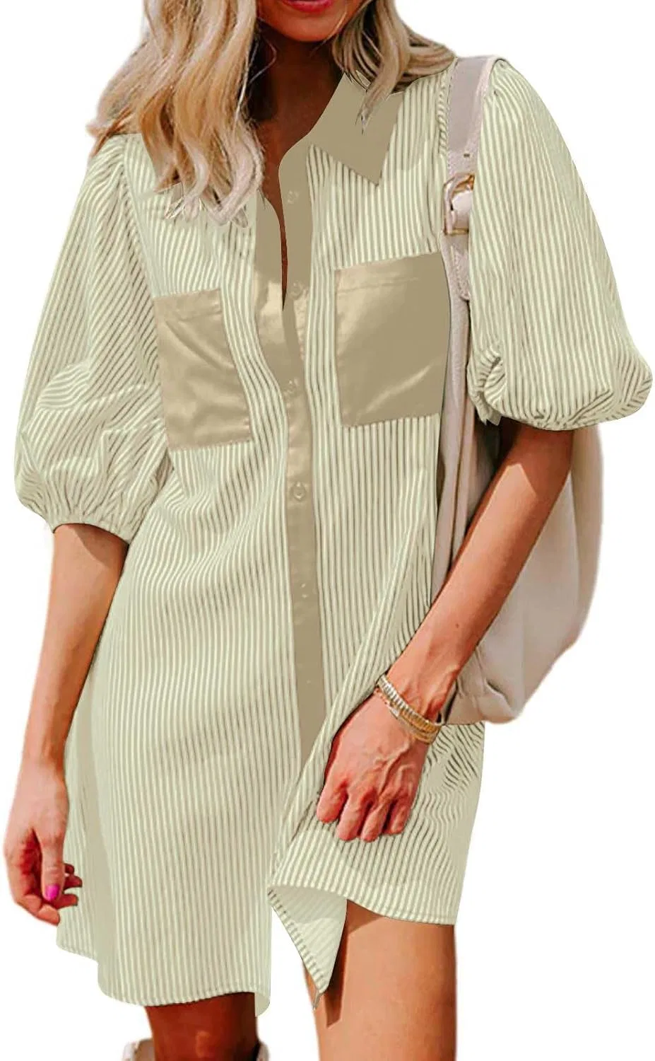 Женское повседневное платье-рубашка с коротким рукавом, Beige — фото 2