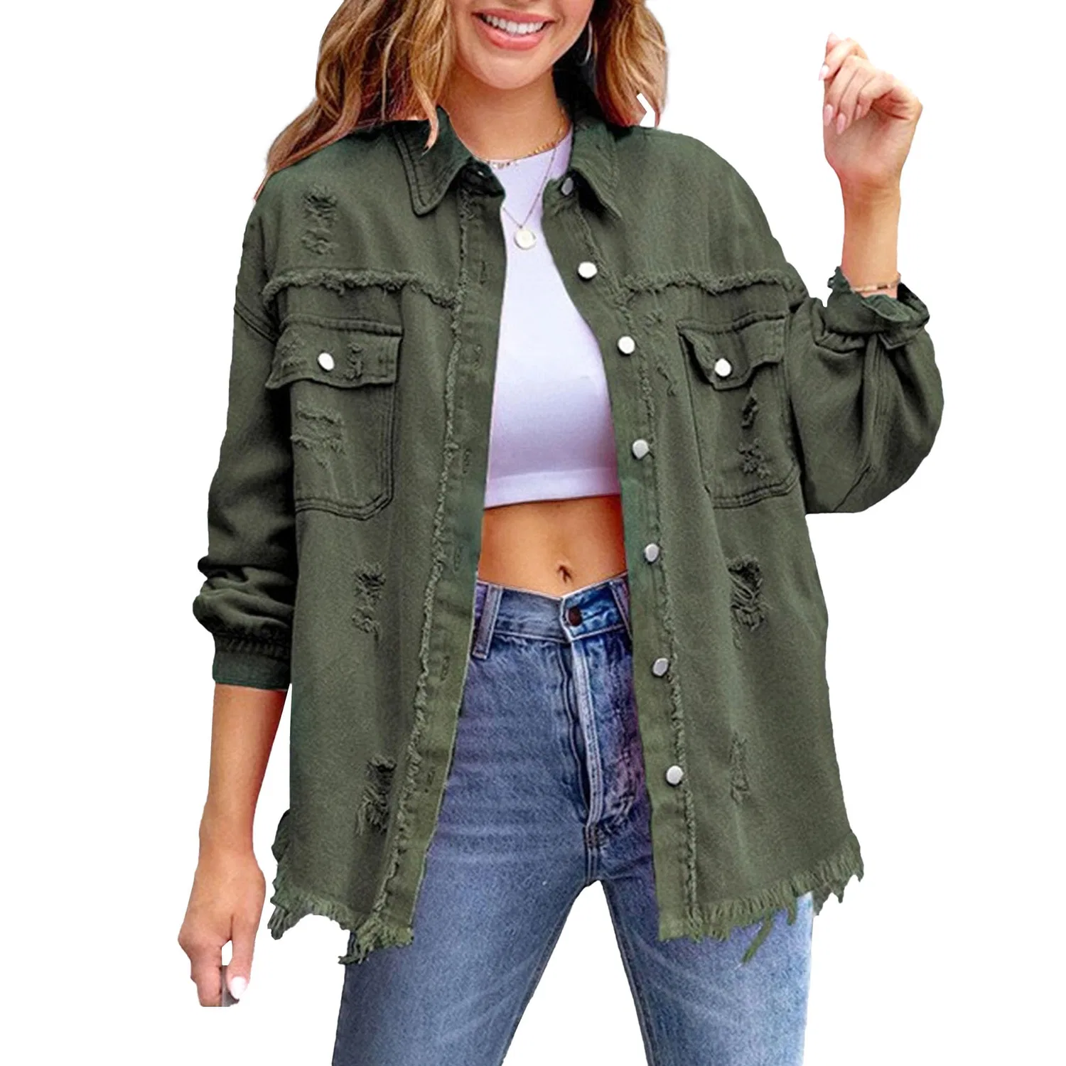 Женская джинсовая куртка с длинным рукавом, классическая, army green
