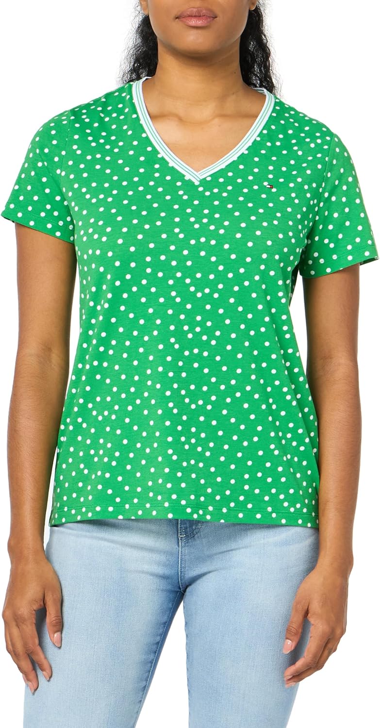 

Классические хлопковые футболки Tommy Hilfiger с V-образным вырезом для женщин, Fern/Bright White