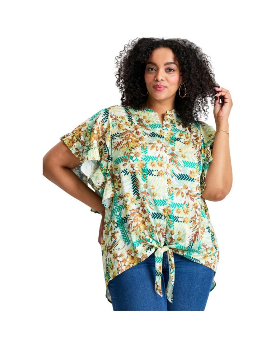 

Женская блузка больших размеров с рукавами-шарфами и завязками спереди AVENUE, Green tropical oasis