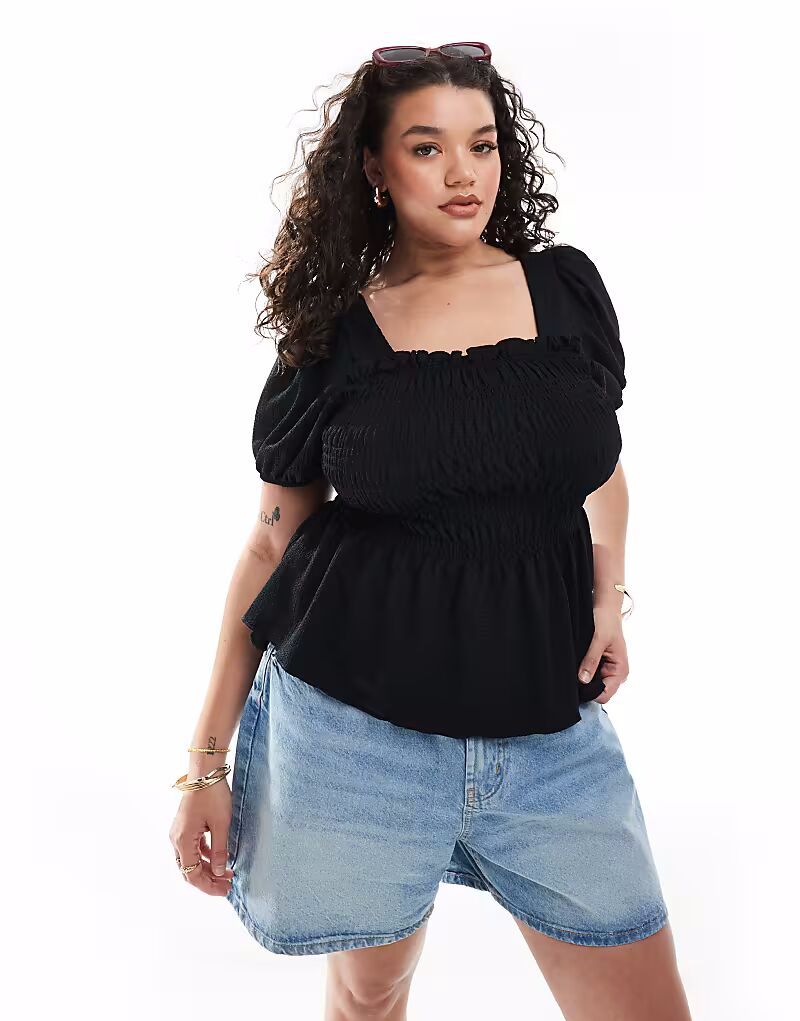 

Топ New Look Curve с короткими рукавами и сборками, черного цвета New Look Plus