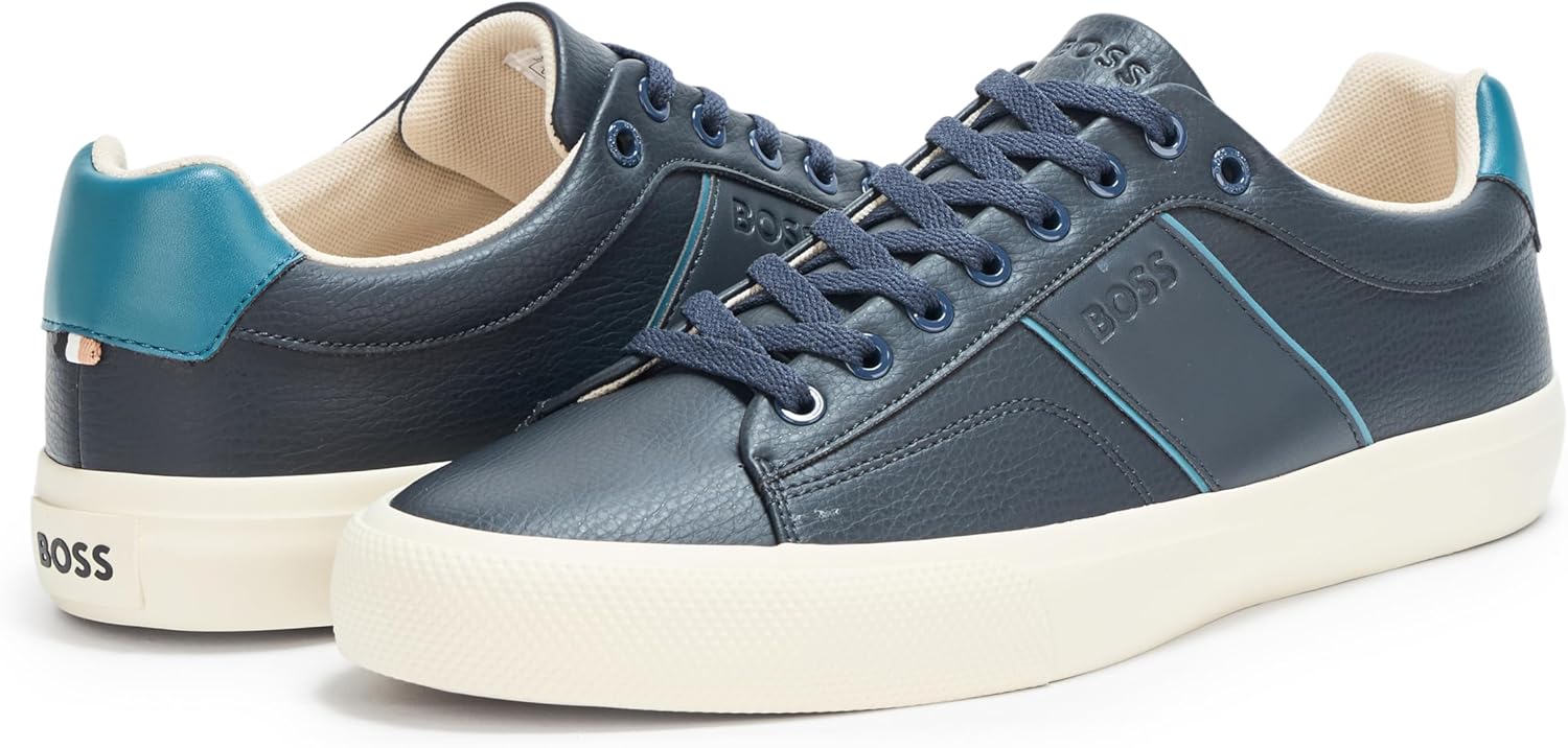 BOSS мужские кожаные кроссовки Aiden Logo Block низкие, Blue Marine — фото 3