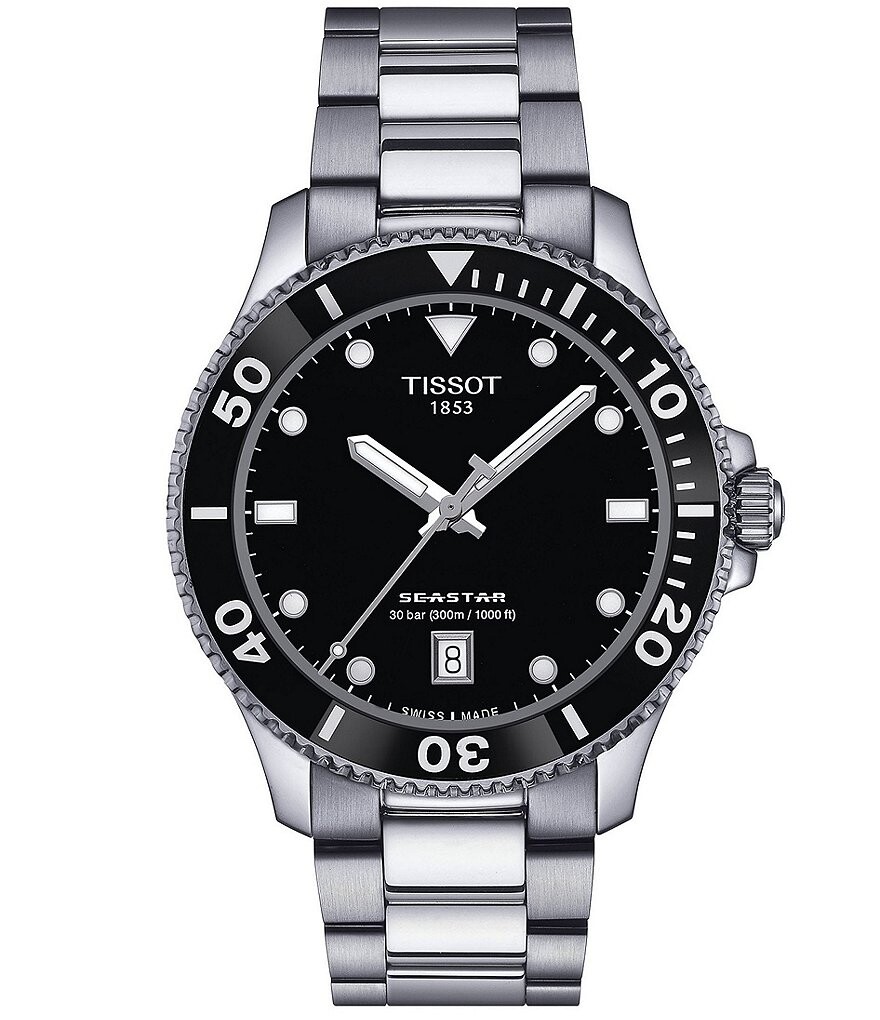 

Tissot Мужские Black Seastar 1000 Кварцевые аналоговые часы-браслет из нержавеющей стали, серебро