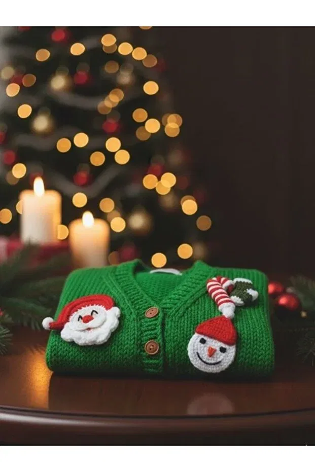 Детский кардиган для девочек оверсайз с длинным рукавом New year's special design hand-knitted cardigan - green baby children's sweater, santa claus and snowman En Home Style, Green — фото 4