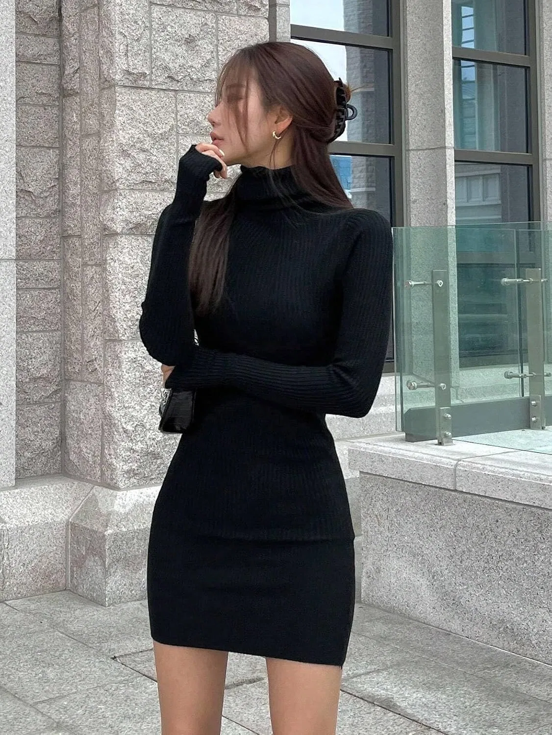 Женское трикотажное платье-водолазка с длинным рукавом, Black — фото 4