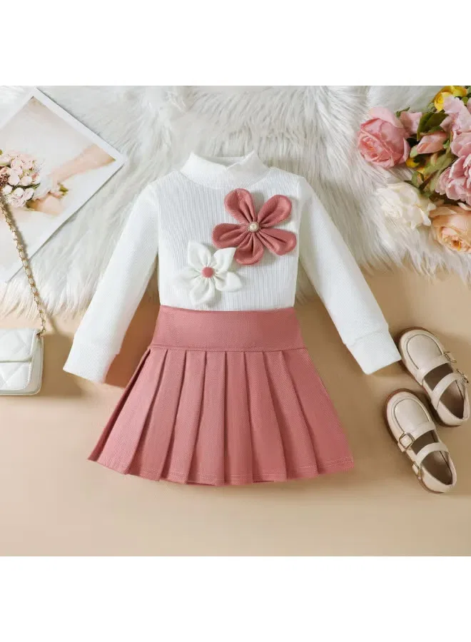 Комплект платьев с длинным рукавом и 3D-аппликацией цветок, модель Floral Pleated, Smarties Ae, розовый — фото 2