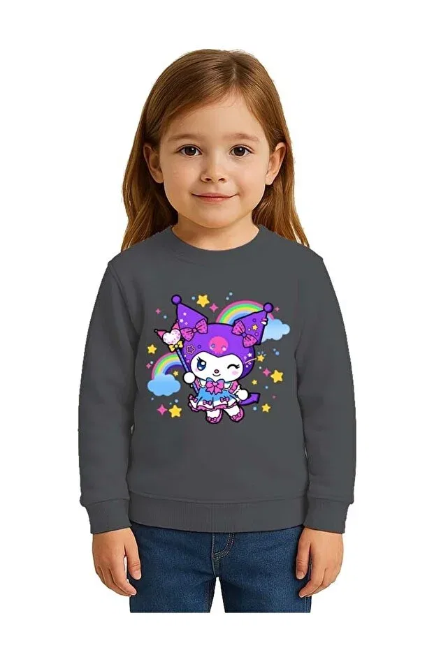 Детские свитшот для девочек с принтом Unisex Kuromi Printed Children's Sweatshirt 3 Thread Raster Sedirli, Smoked — фото 2