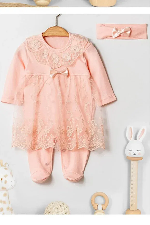 Детское боди-комбинезон хлопковый комплект из 2 предметов Bamoola, Bow-Knot Lace In Salmon