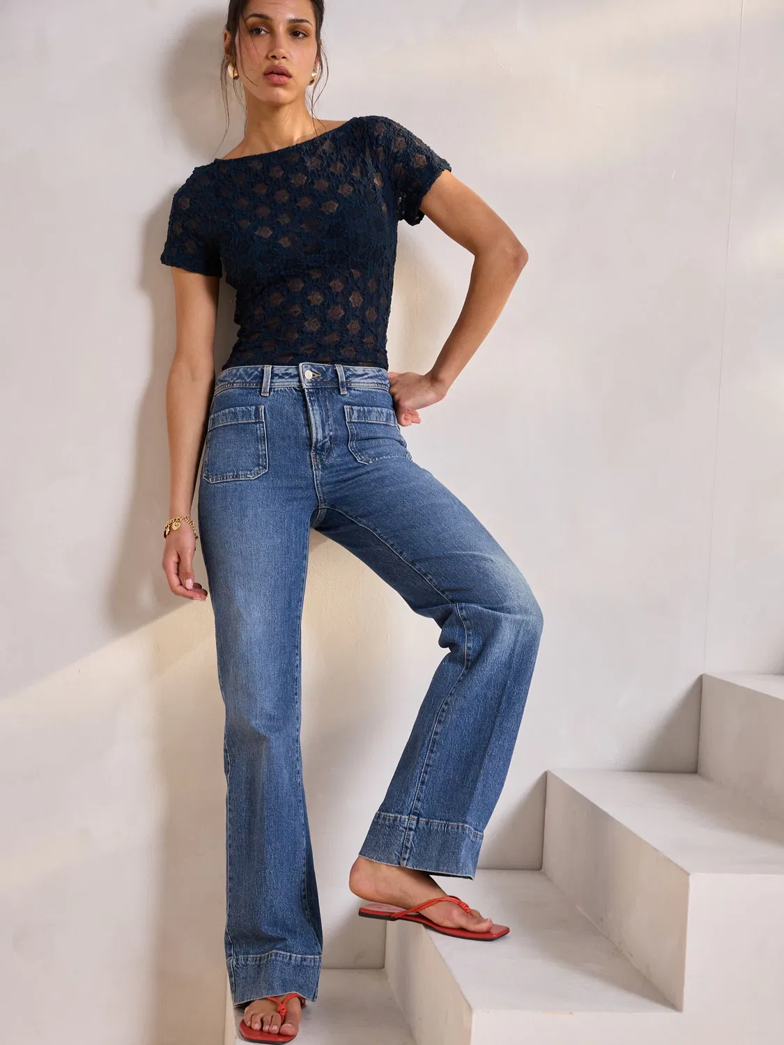 Джинсы широкие с накладными карманами Mid Blue Patch Pocket Wide Leg Next, Средне-синий