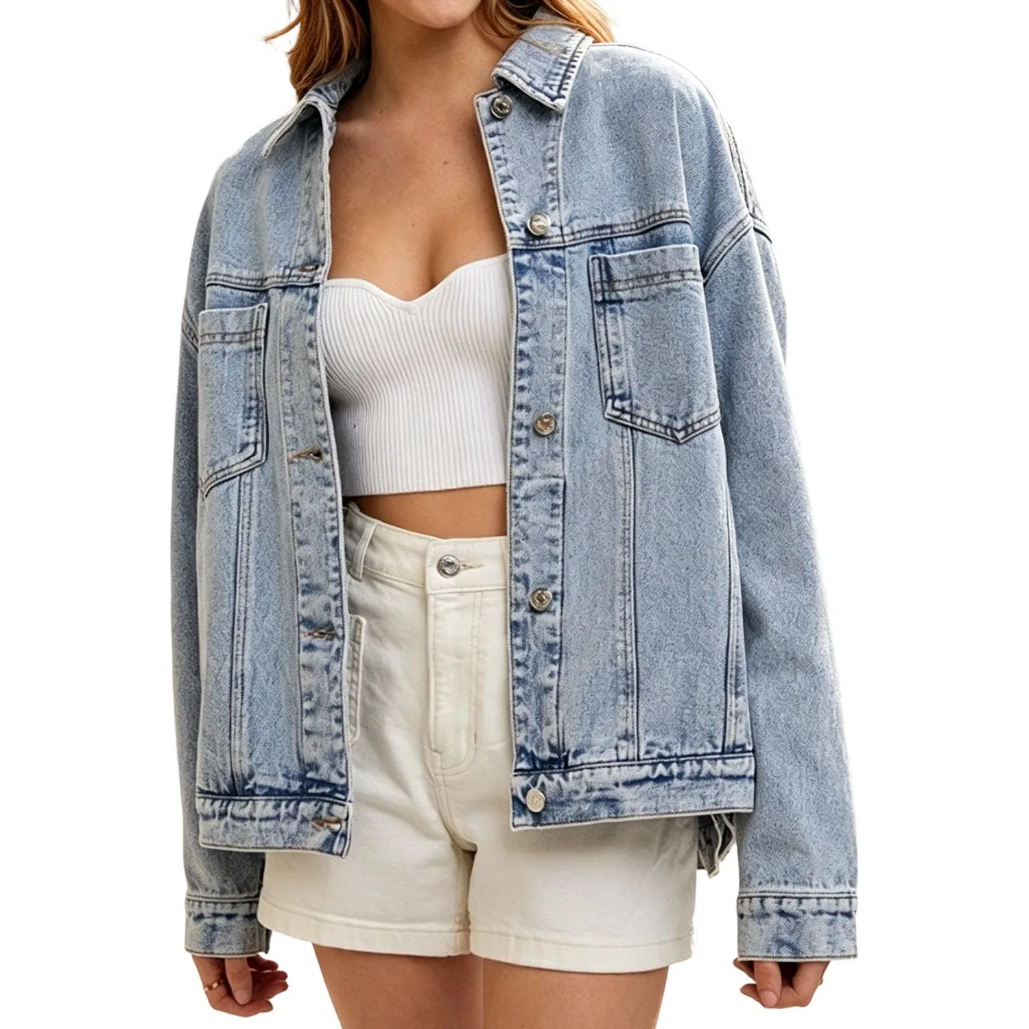 Женская джинсовая куртка Classic Trendy Distressed Jean Outwear, Azzurro chiaro