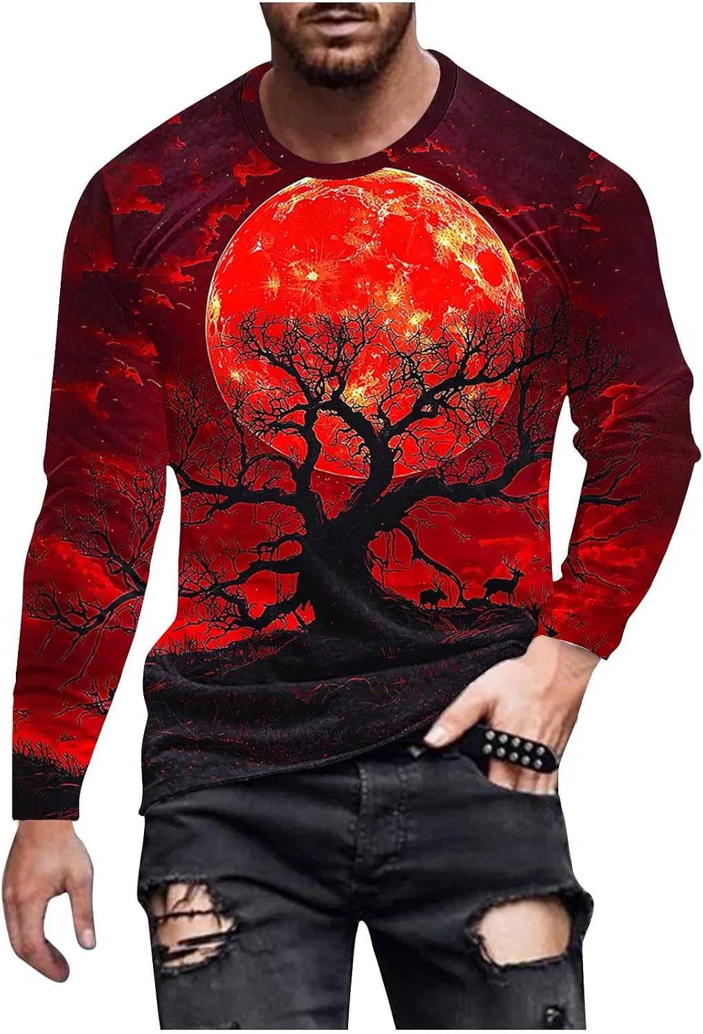Мужская футболка с принтом Halloween с длинным рукавом, красный