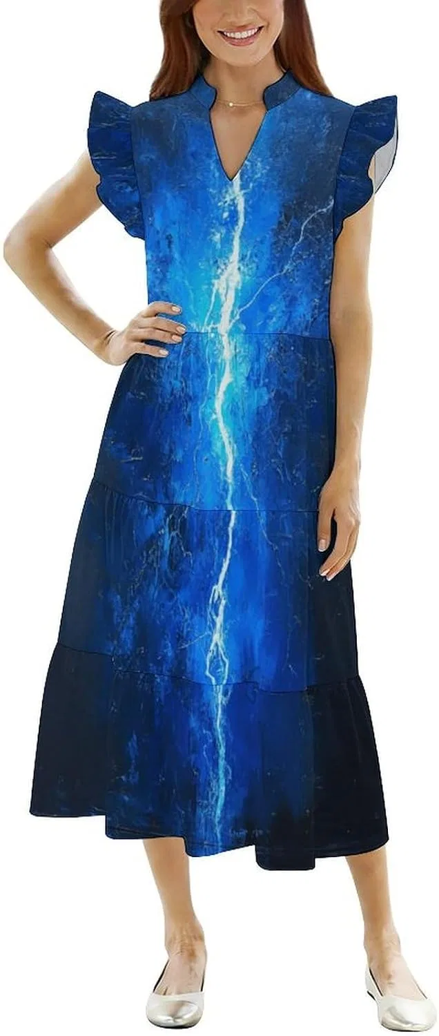 Женское свободное макси-платье с воланами V-neck, Blue