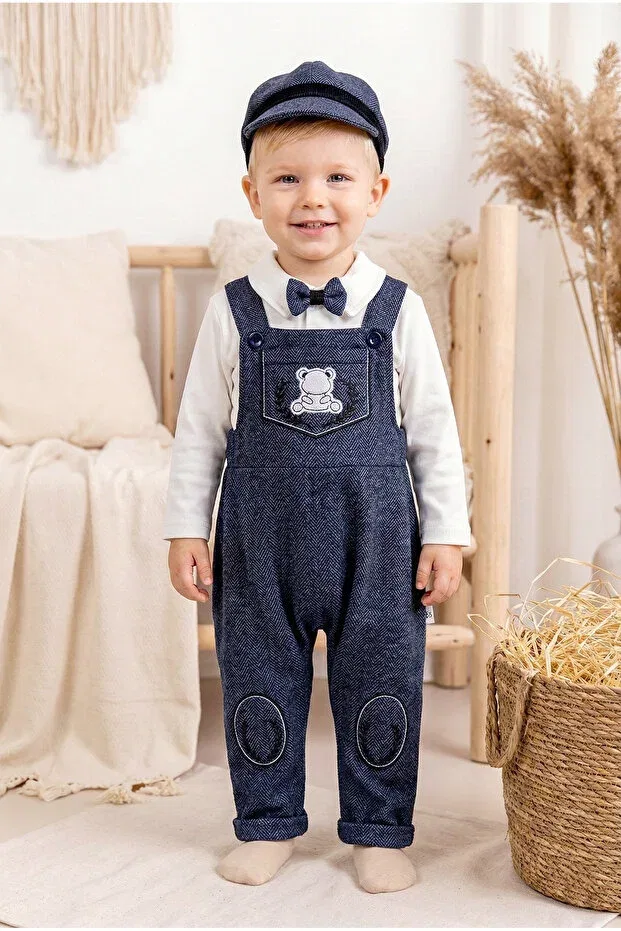 Детский комбинезон для мальчиков с принтом Baby boy salopet jumpsuit set with bow tie and cap Babymod, Navy Blue