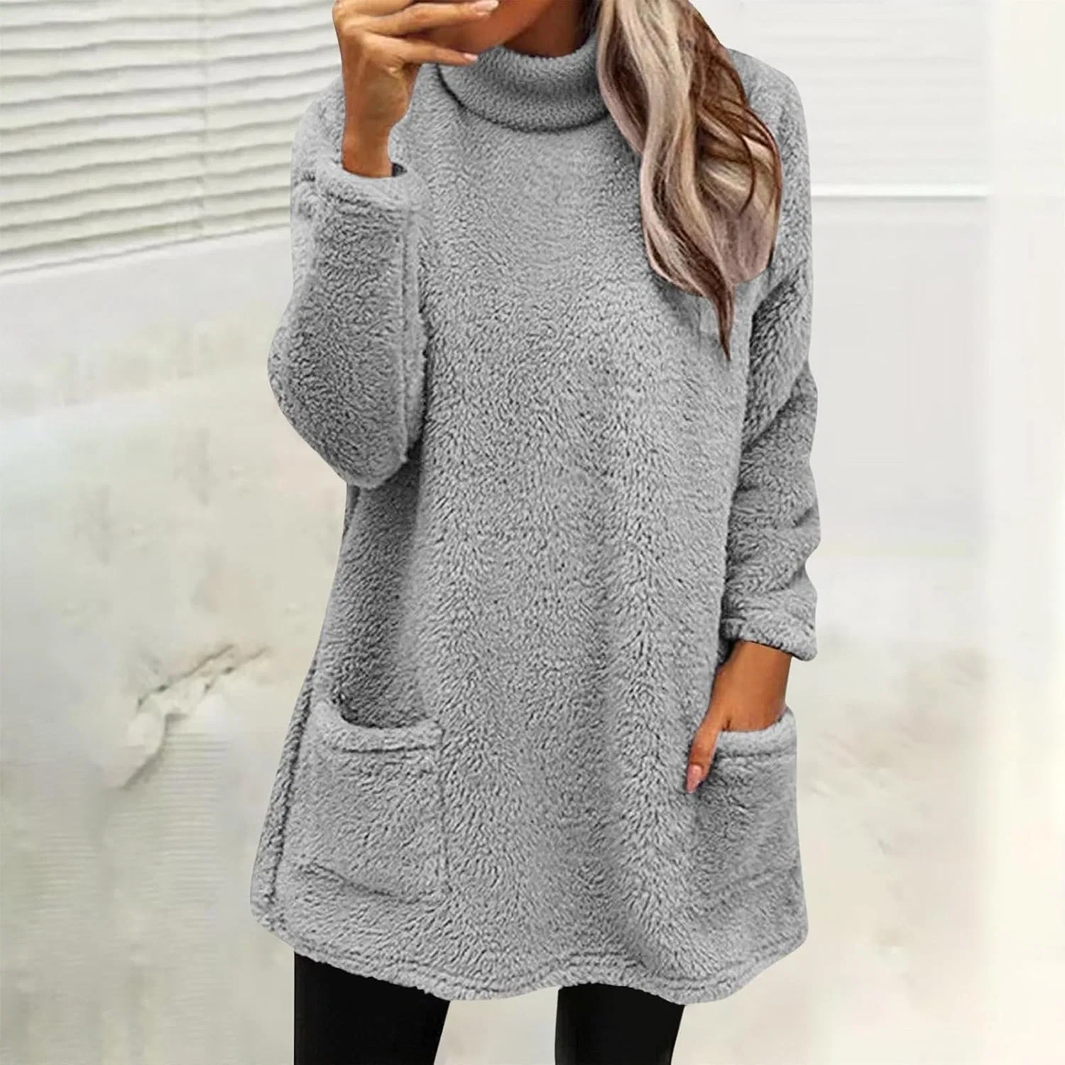 Женский свитшот с высоким воротником, флисовый, с карманами, Mockneck Sweatshirt, серый — фото 2