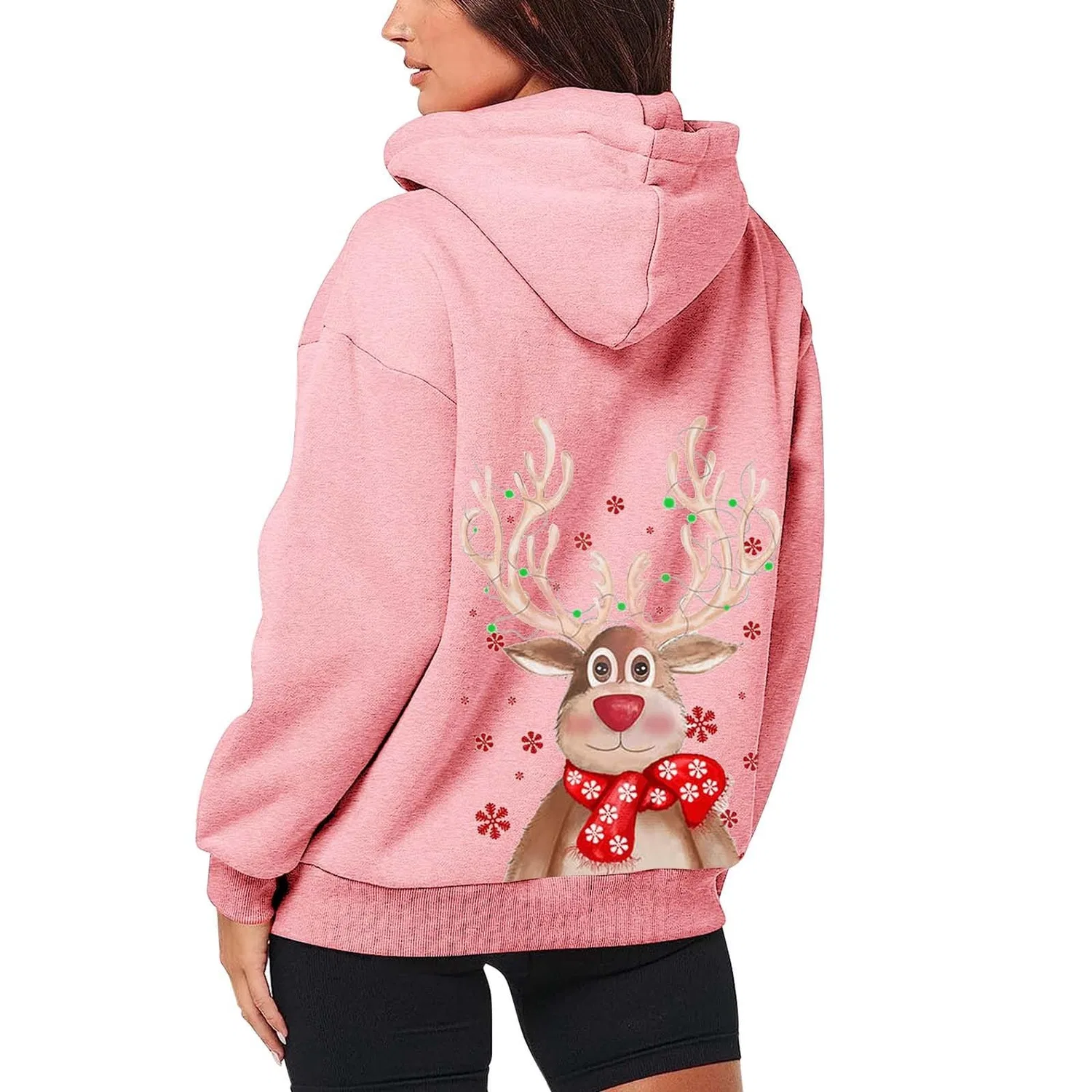 Женское пальто с длинным рукавом Moda Moda Natale Stampato Cerniera Manica Lunga Tasca Coulisse Sport Casual Felpa Con Cappuccio, rosa