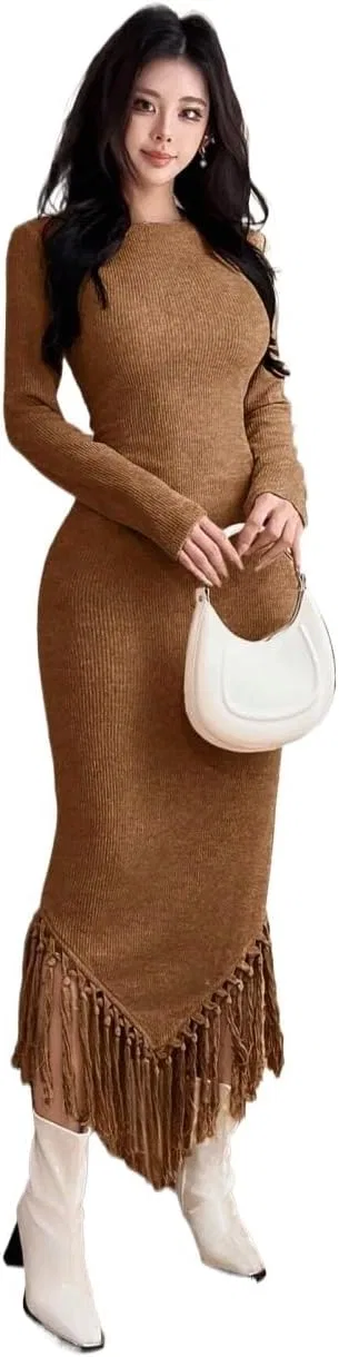 Женское облегающее длинное платье с бахромой, Coffee Brown