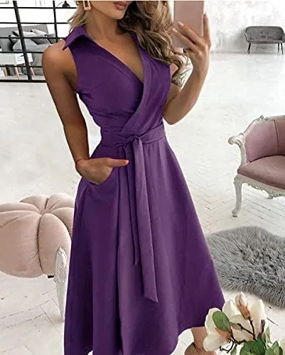 Женское V-образное платье без рукавов с поясом, Purple — фото 2