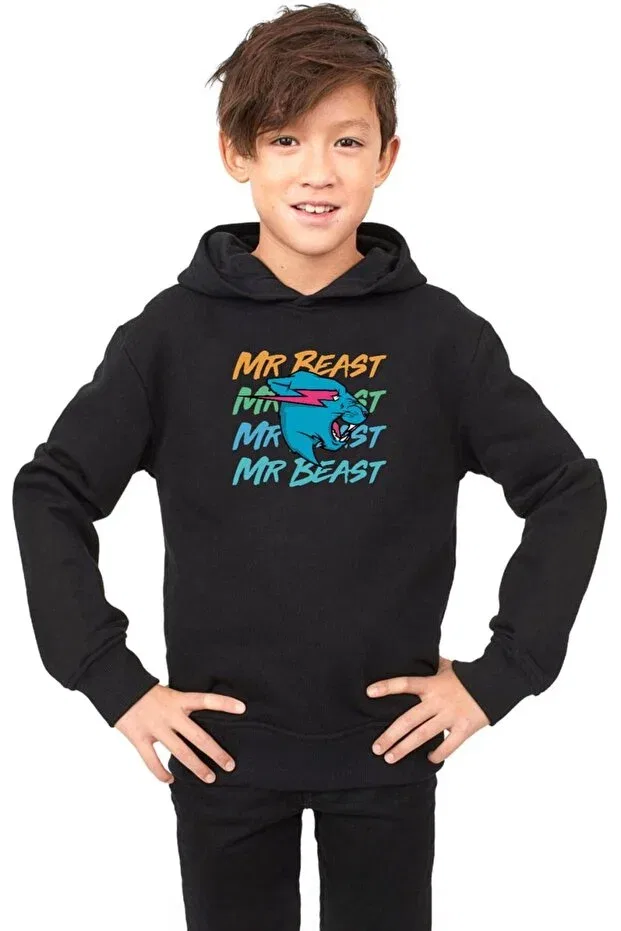 Детское худи с принтом Mr Beast Letter Black Kids 3ip Hoodie Tshirthane, Black
