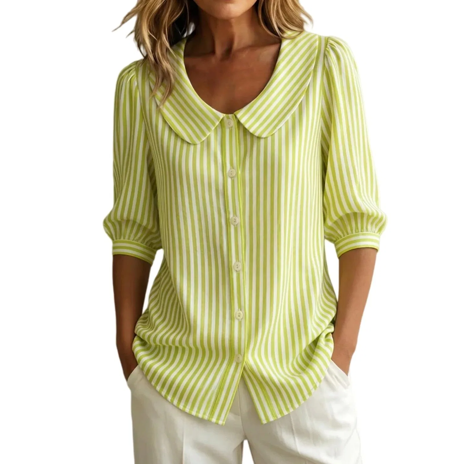 Женская блуза с коротким рукавом, Striped - Green