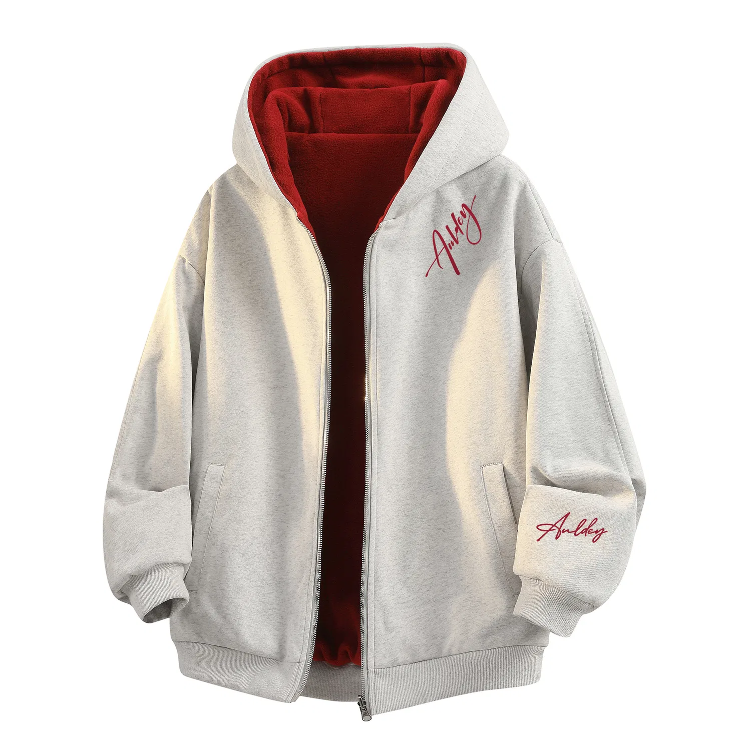 Детский свитшот-кардиган с капюшоном утепленный AULDEY, Heather Gray/Red