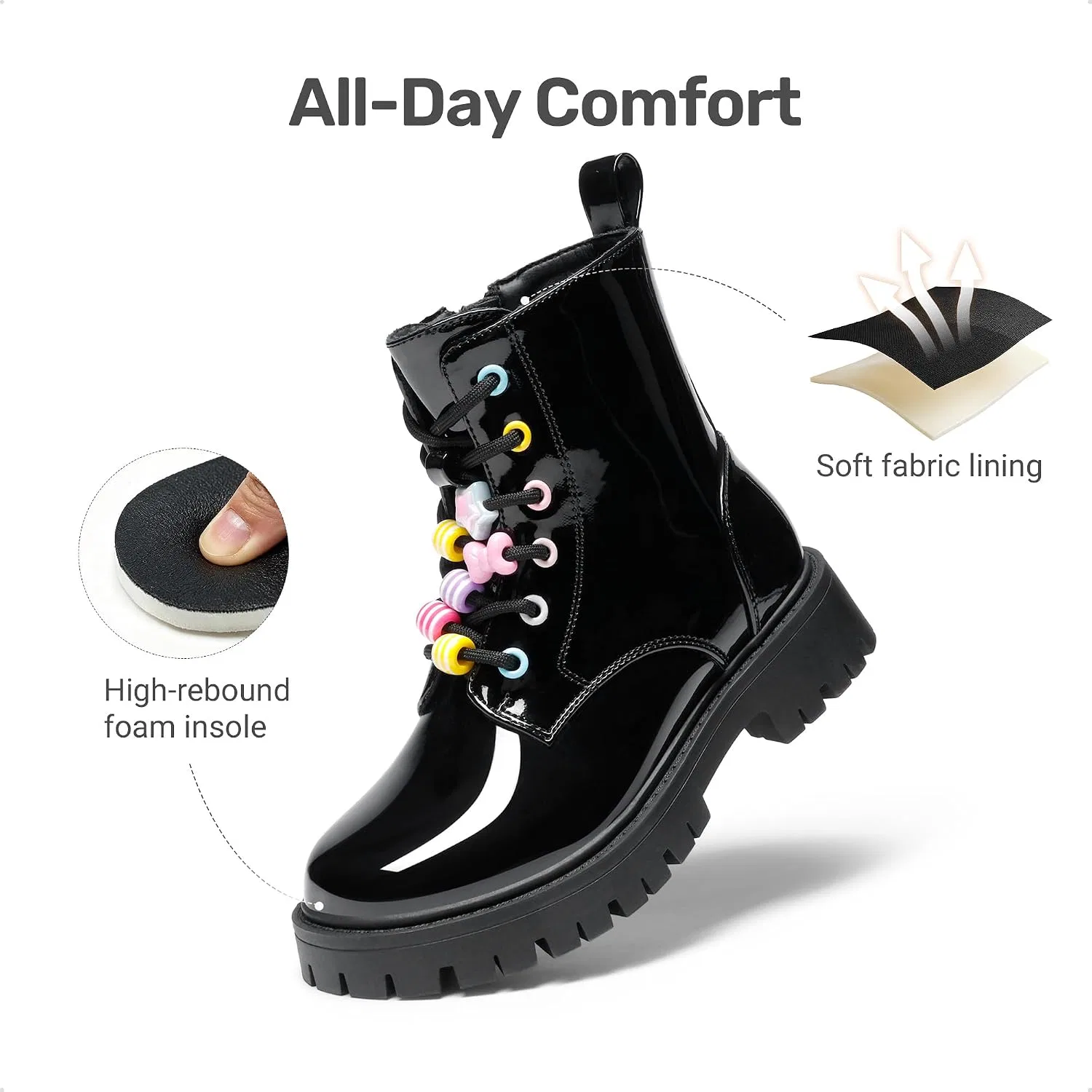 Детские ботинки для девочек на шнуровке с молнией DREAM PAIRS, All Black — фото 4