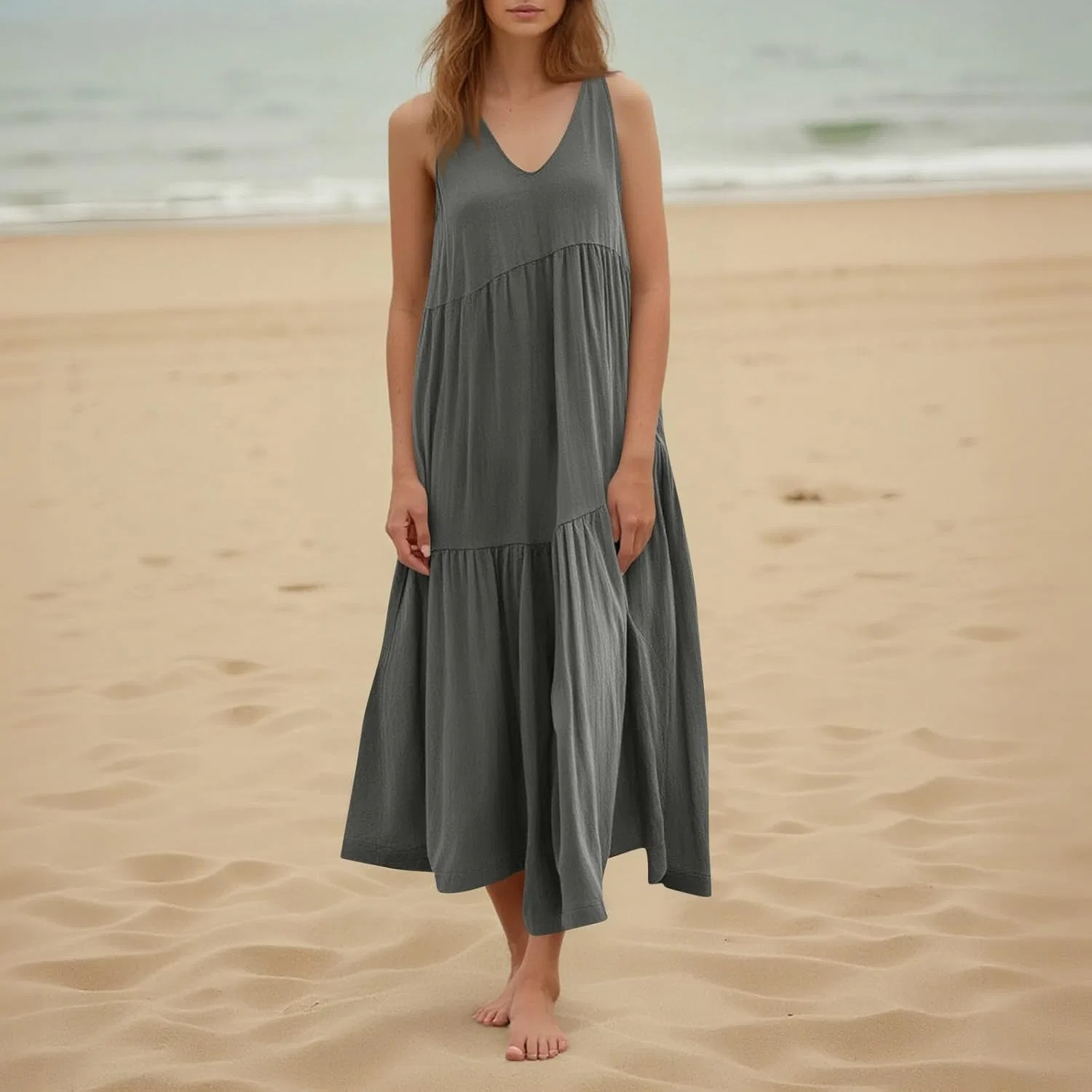 Женское макси-платье на бретелях с V-образным вырезом и оборками Cotton Linen, T5-dark Gray — фото 3
