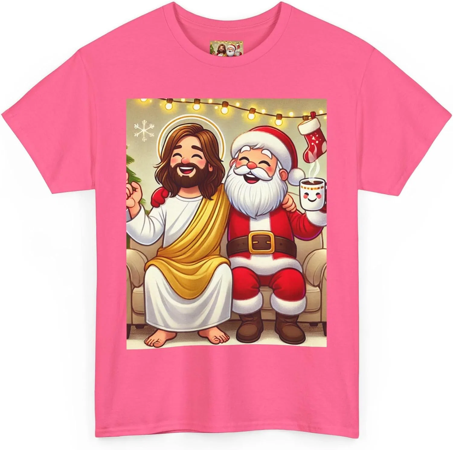 Женская футболка с принтом Funny Santa Jesus Hanging Out Cartoon Tee, Safety Pink — фото 3