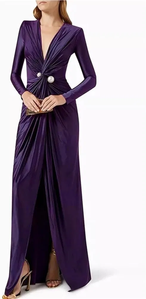 Женское коктейльное платье с глубоким V-вырезом и складками, Purple — фото 2