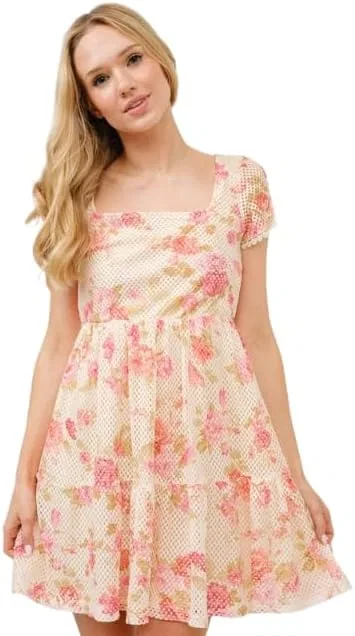 Женское платье с цветочным принтом и сеткой Square Neck Tiered Floral Fishnet Dress, Multi