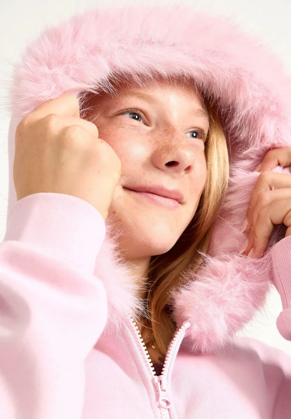 Толстовка с капюшоном и искусственным мехом на молнии Lindex, Light Pink — фото 4